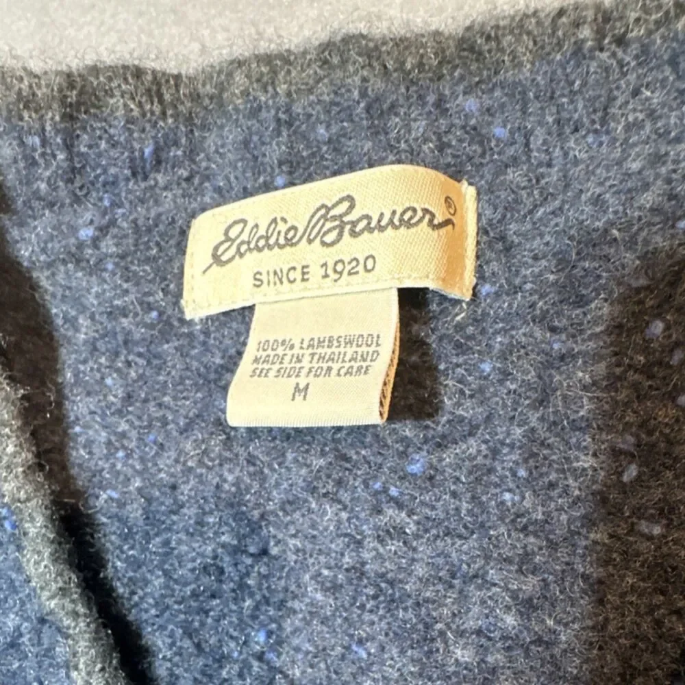Eddie Bauer Lambswool Knit Blue Gray Geometric V-Neck Pullover Sweater Men's M - Picture 3 of 4